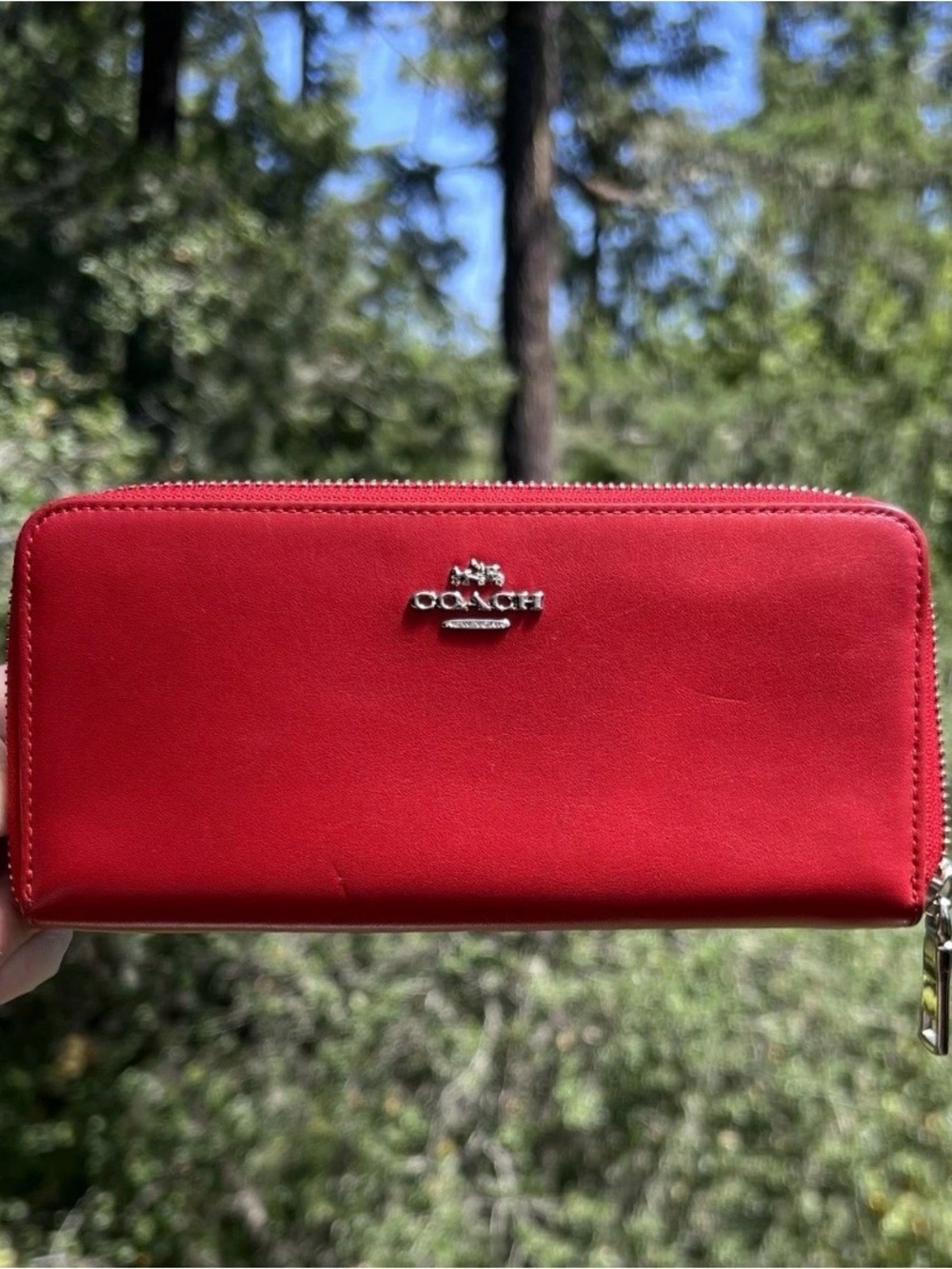 COACH Long Zip-Around Wallet Smooth Calf Leather RED with Silver Hardware
